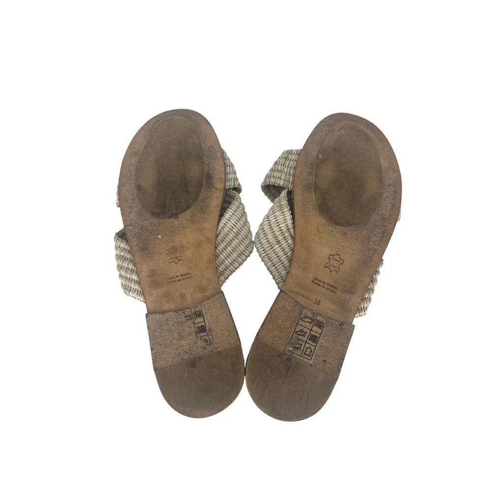 Jenni Kayne Raffia Crossover Sandals Tan Cream Woven Flat Slides Size 38